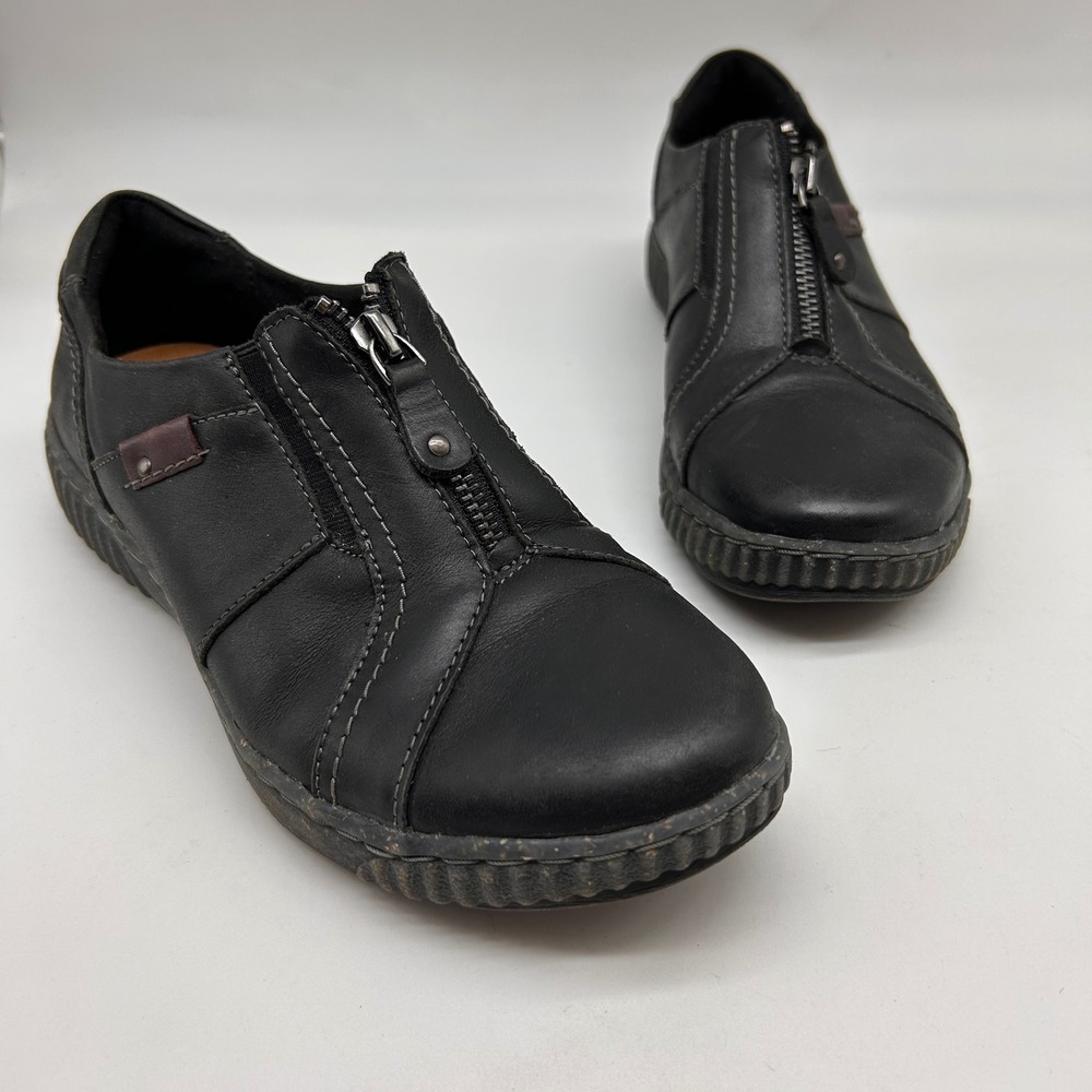 Clarks Womens Black Leather Front Zip Loafers Shoes 261674854055 Size 8 M